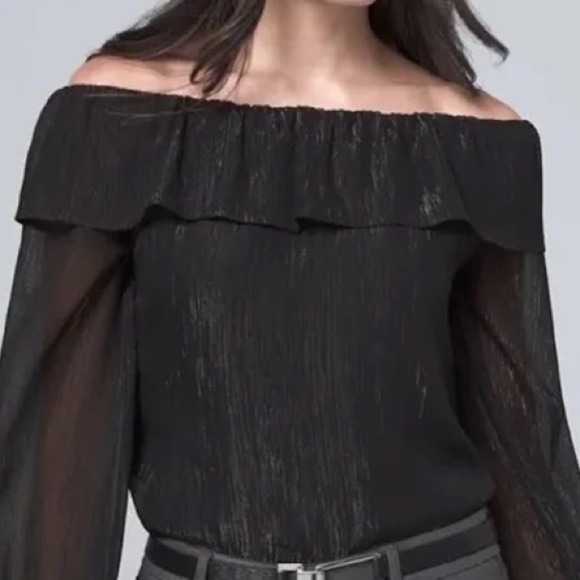 White House Black Market Tops - WHBM black textured shimmer chiffon off shoulder top ❤️